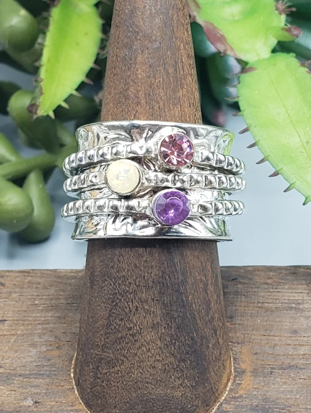 Silver Spinner Ring - 3 Multi-Stack Ring w/ Pink Purple Cream Stones - Hammered